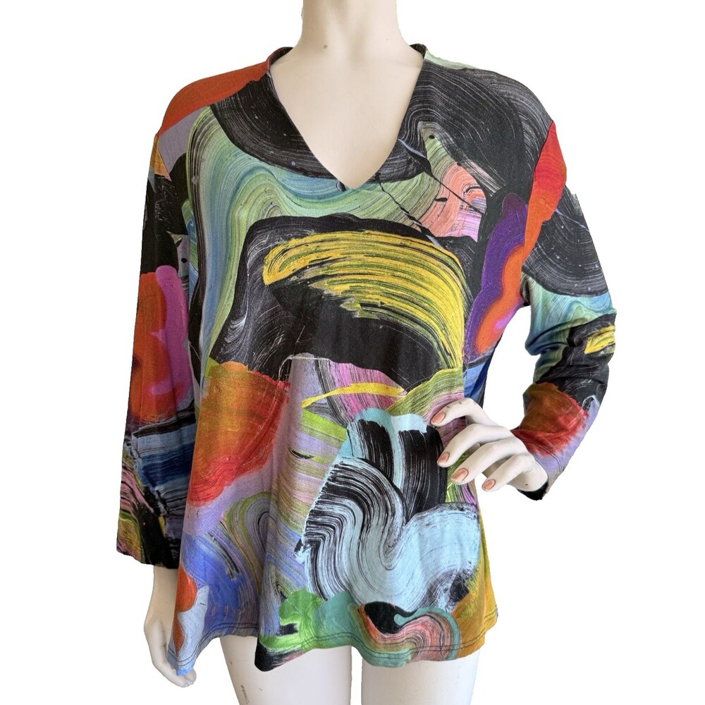 CLAIRE DESJARDINS Top Colorful Abstract Print Art to Wear Stretch Jersey Size XL